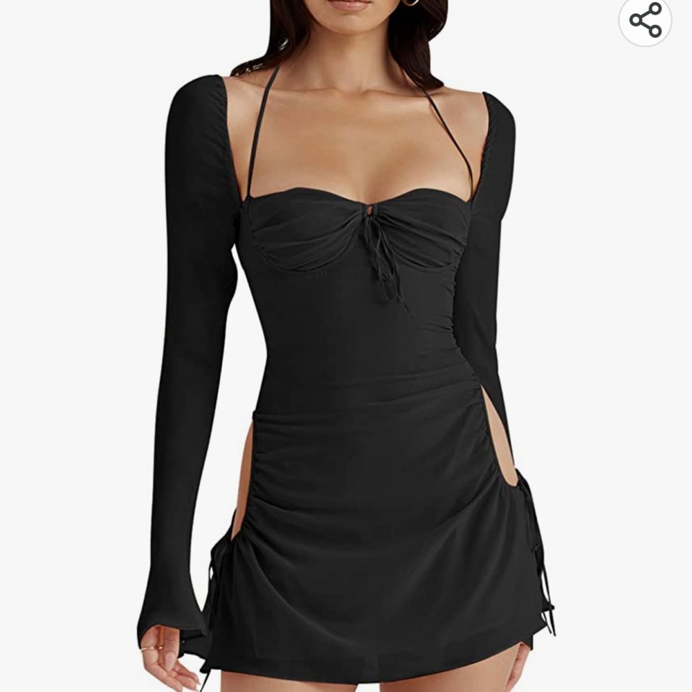 Long puff sleeve mini body con dress in Brown